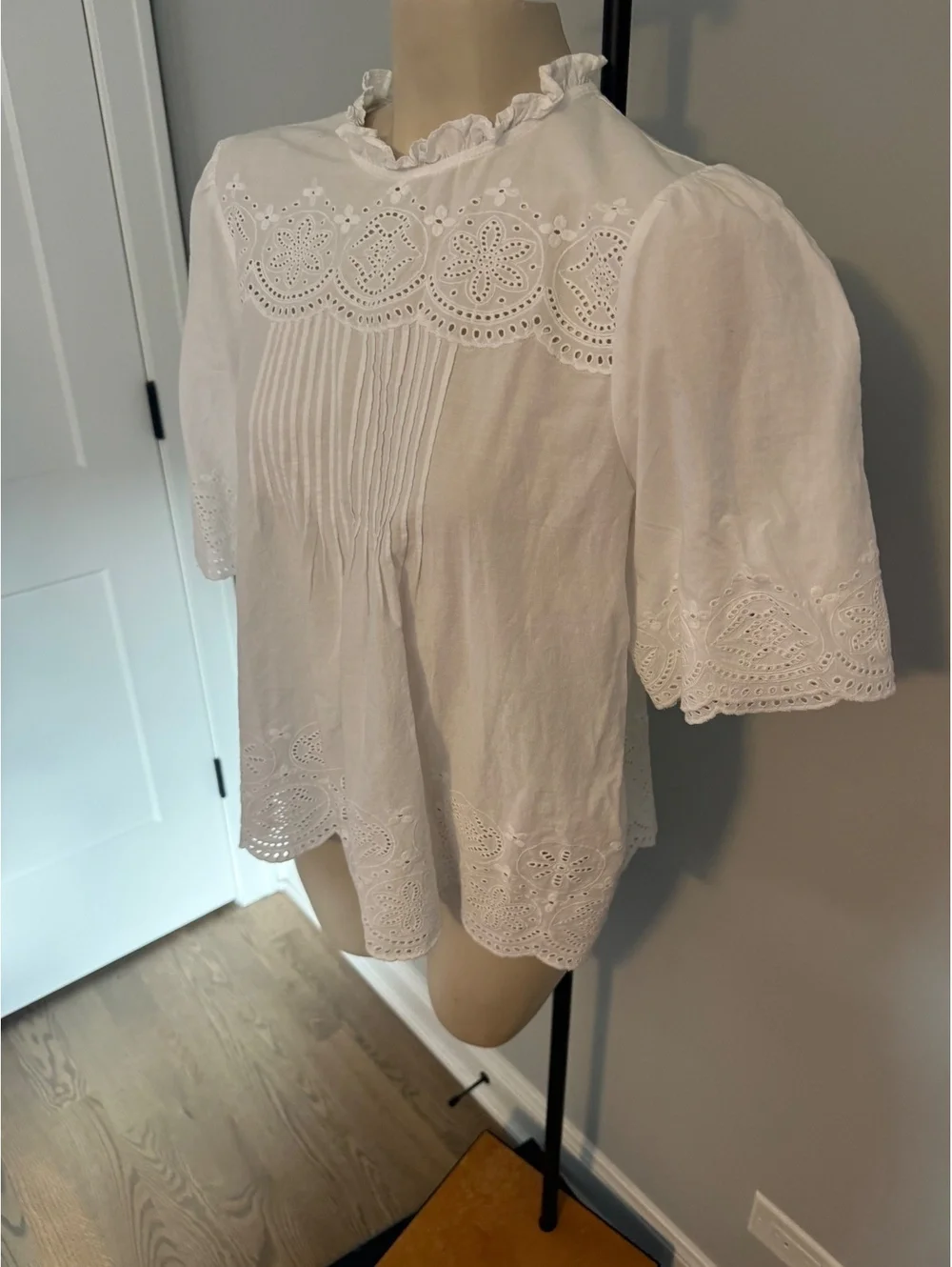NWT Madewell White Eyelet Lace Puff Sleeve Blouse Size L